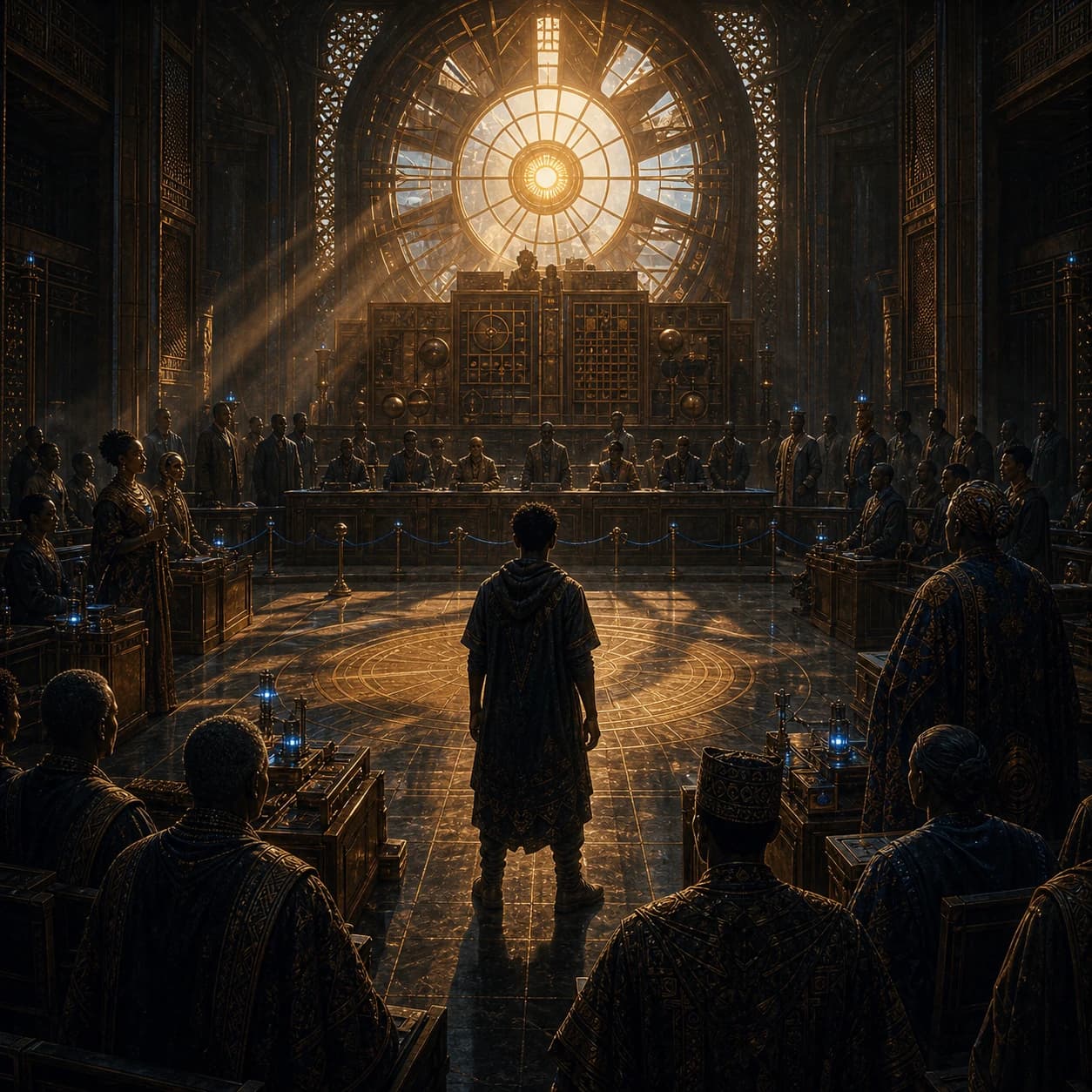 A lone young man stands on a patterned floor before a great hall of seated councillors beneath a vast sunlit window.