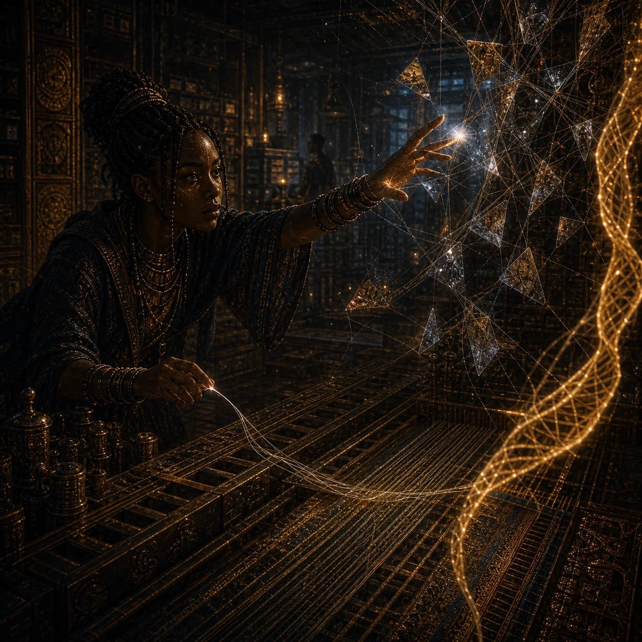 A young woman reaches into a web of glowing geometric shards above a table of instruments in a vast archive.