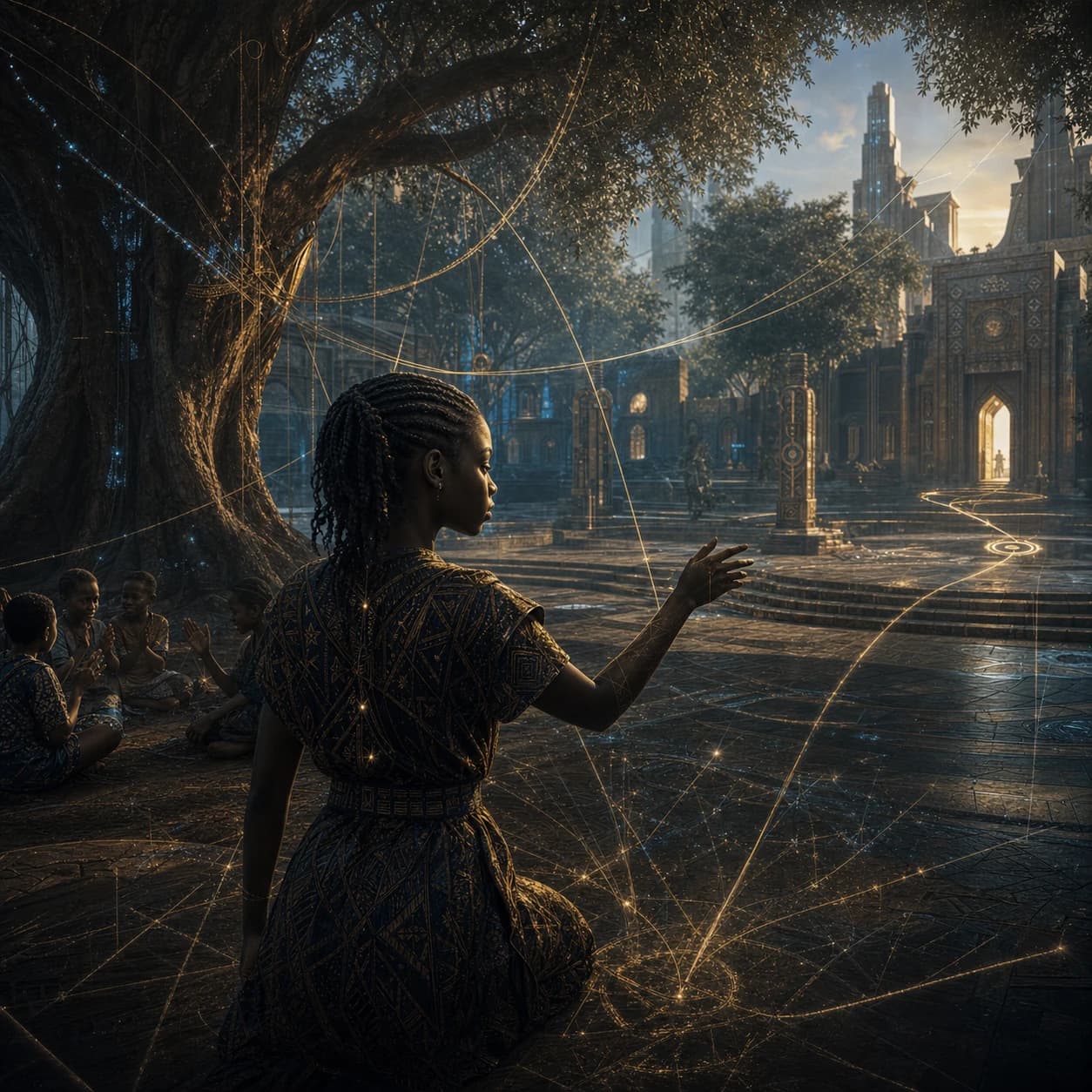 A young woman sits beneath a great tree in a compound at first light, tracing lines of golden pattern through the air.