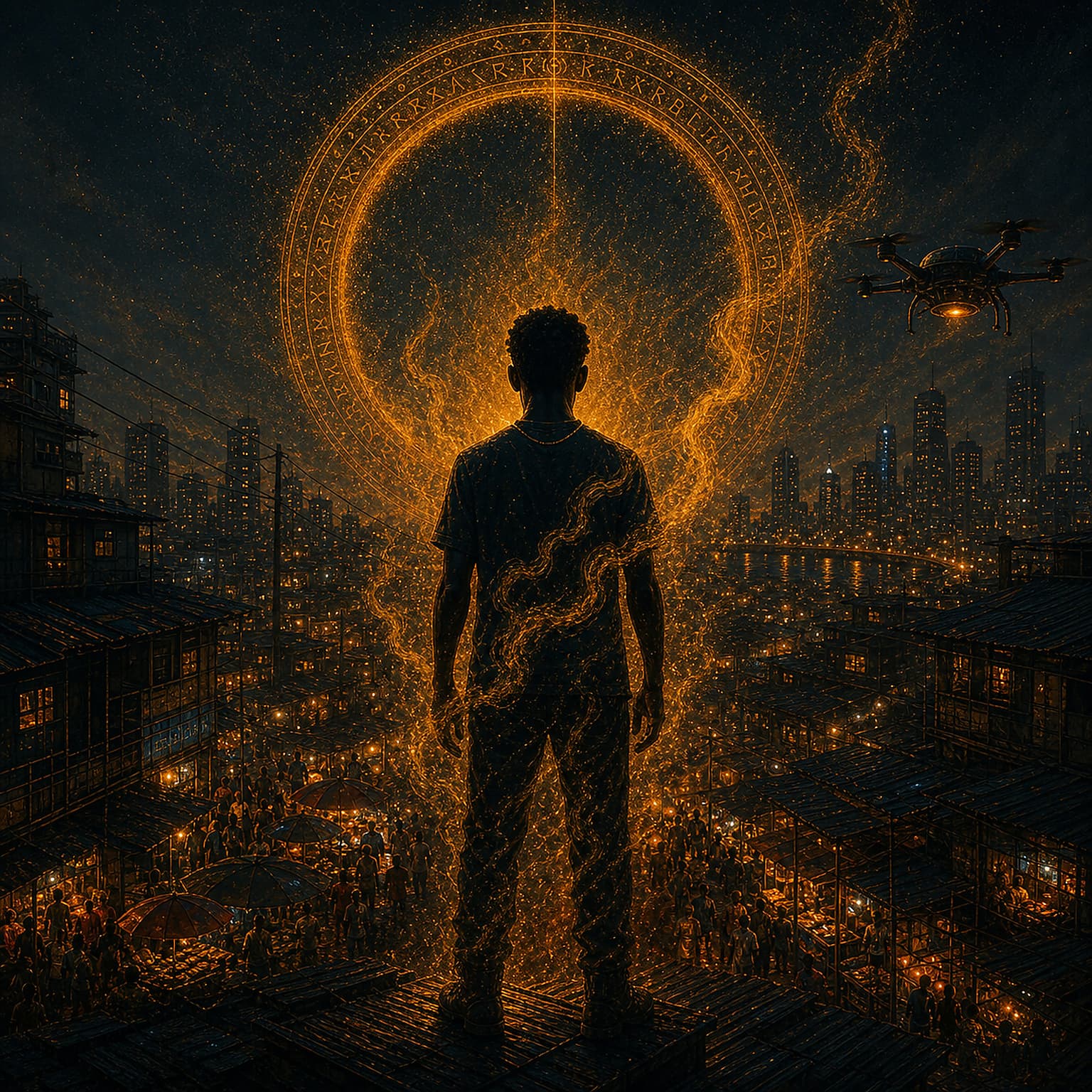 A figure stands in a rain-lit city beneath a luminous golden form.