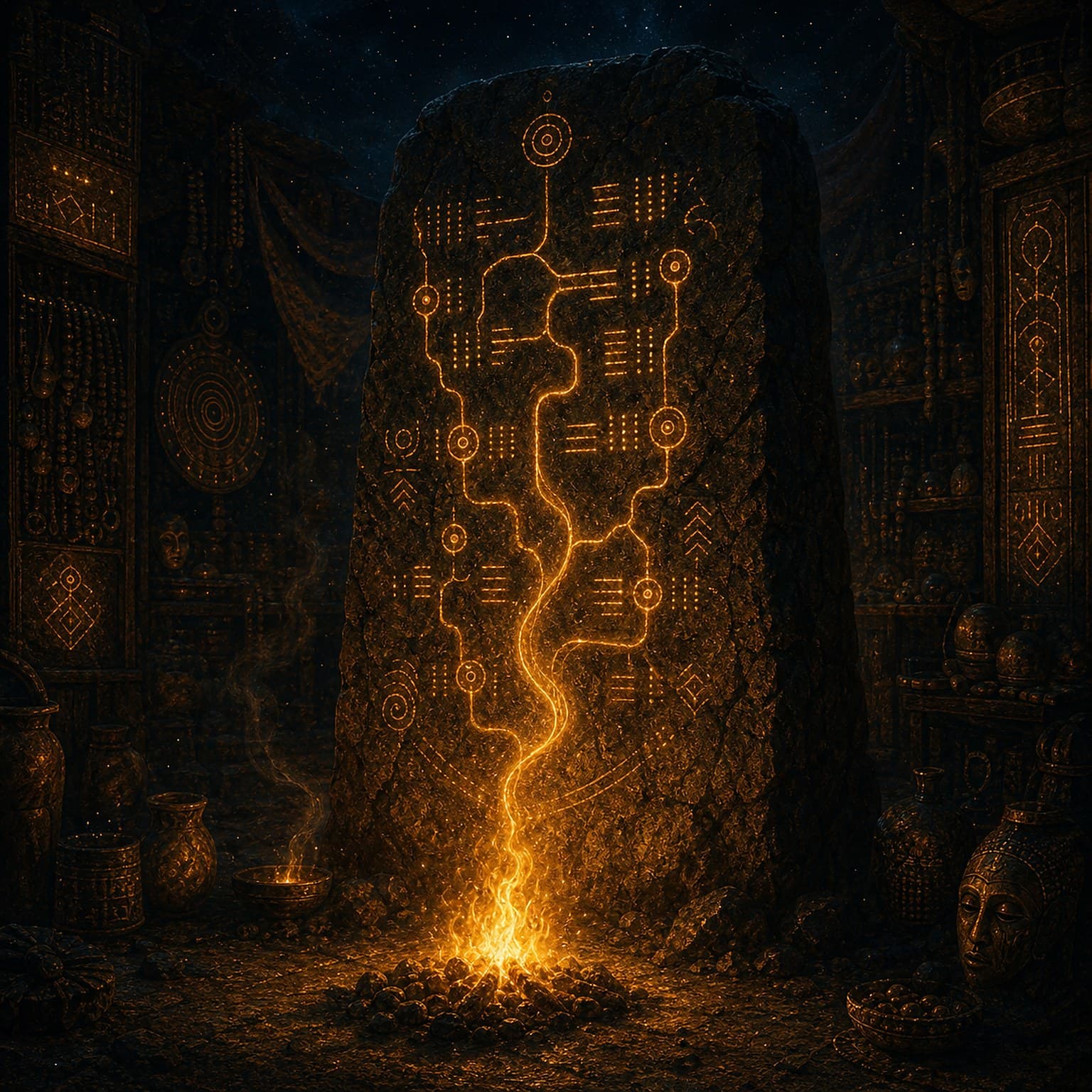 A carved stone surface rises above fire and luminous gold markings.