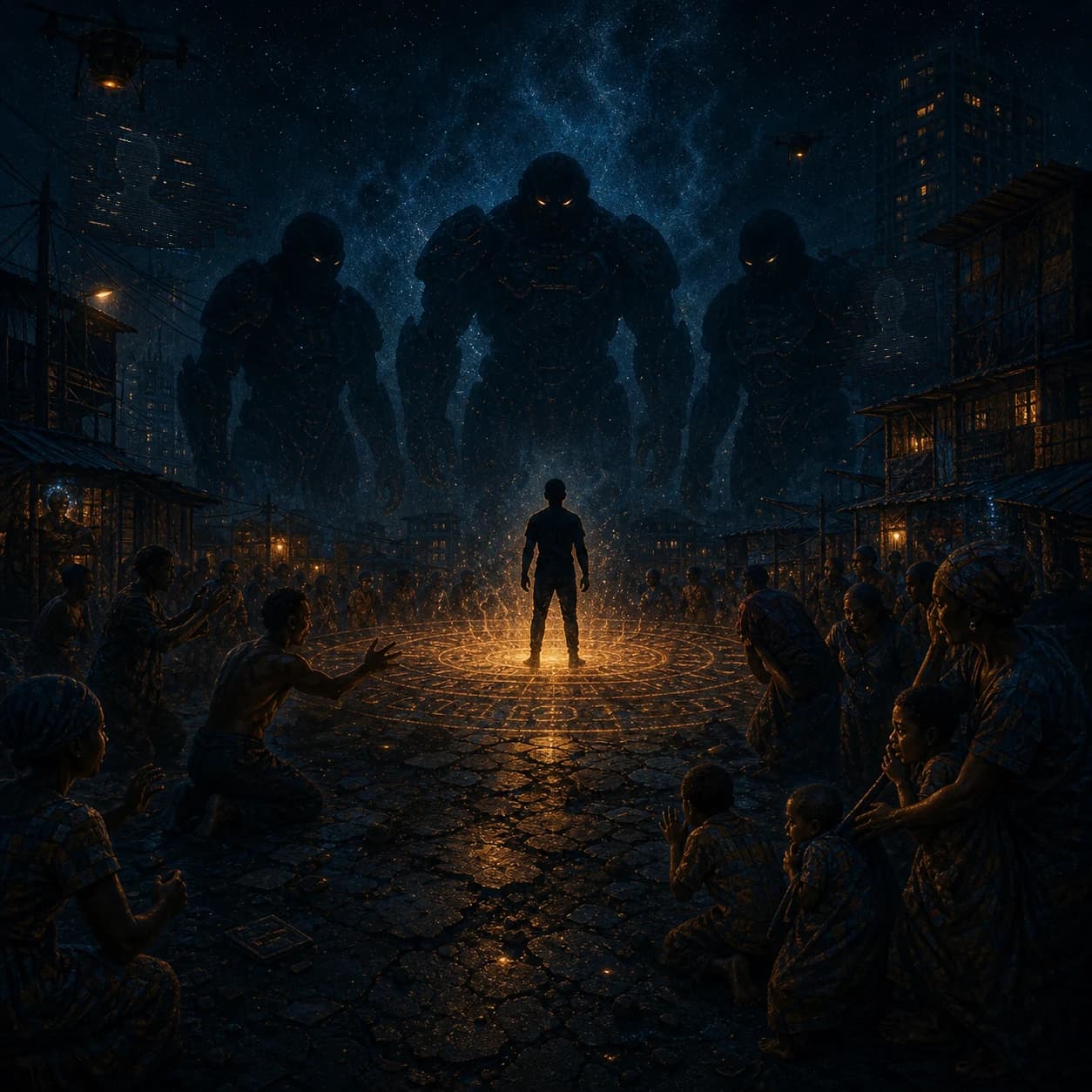 A lone figure stands in a ring of light on a cracked street while vast shadowed shapes loom above the rooftops and a crowd watches.