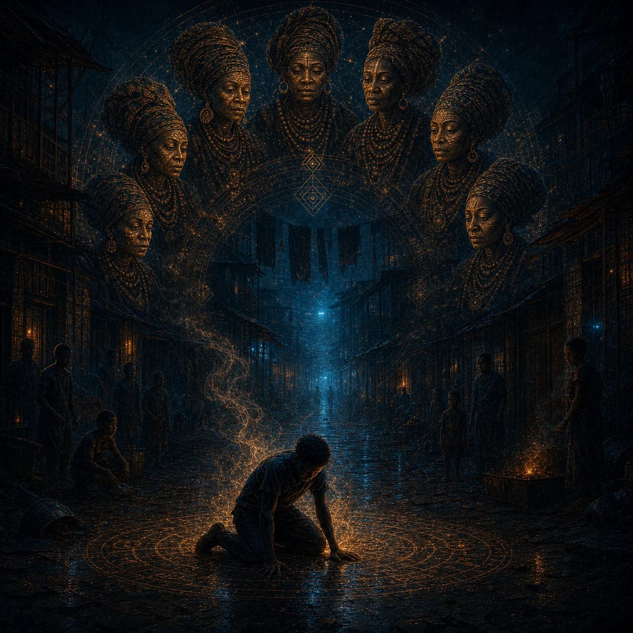 A young man kneels on a patterned floor while the faces of six women in headwraps gather in the sky above him.