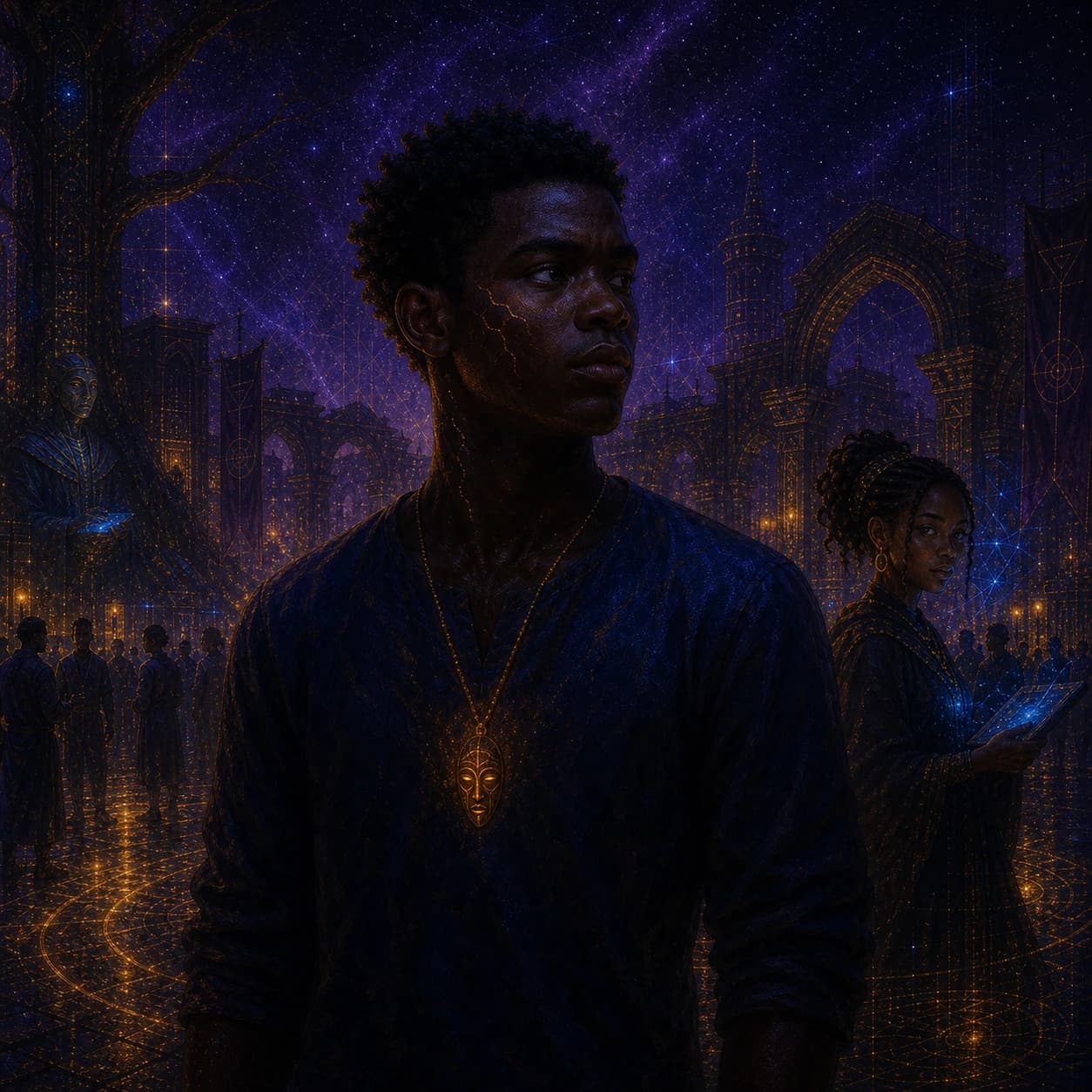 A young man wearing a small pendant stands before a crowded, luminous hall.