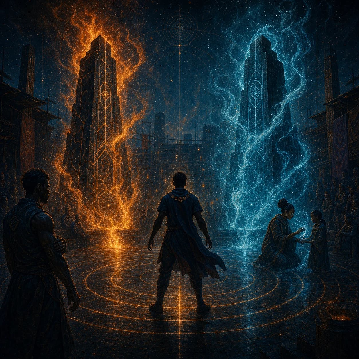 A young man stands between two towering columns, one of flame and one of blue lightning, inside a circle of light.