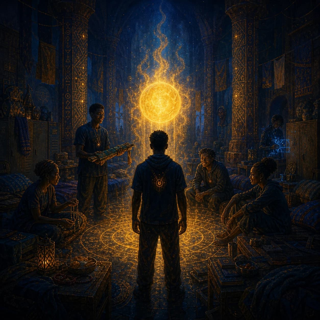 A young man faces a floating golden sphere in a crowded hall of seated figures, woven cloth and carved pillars.