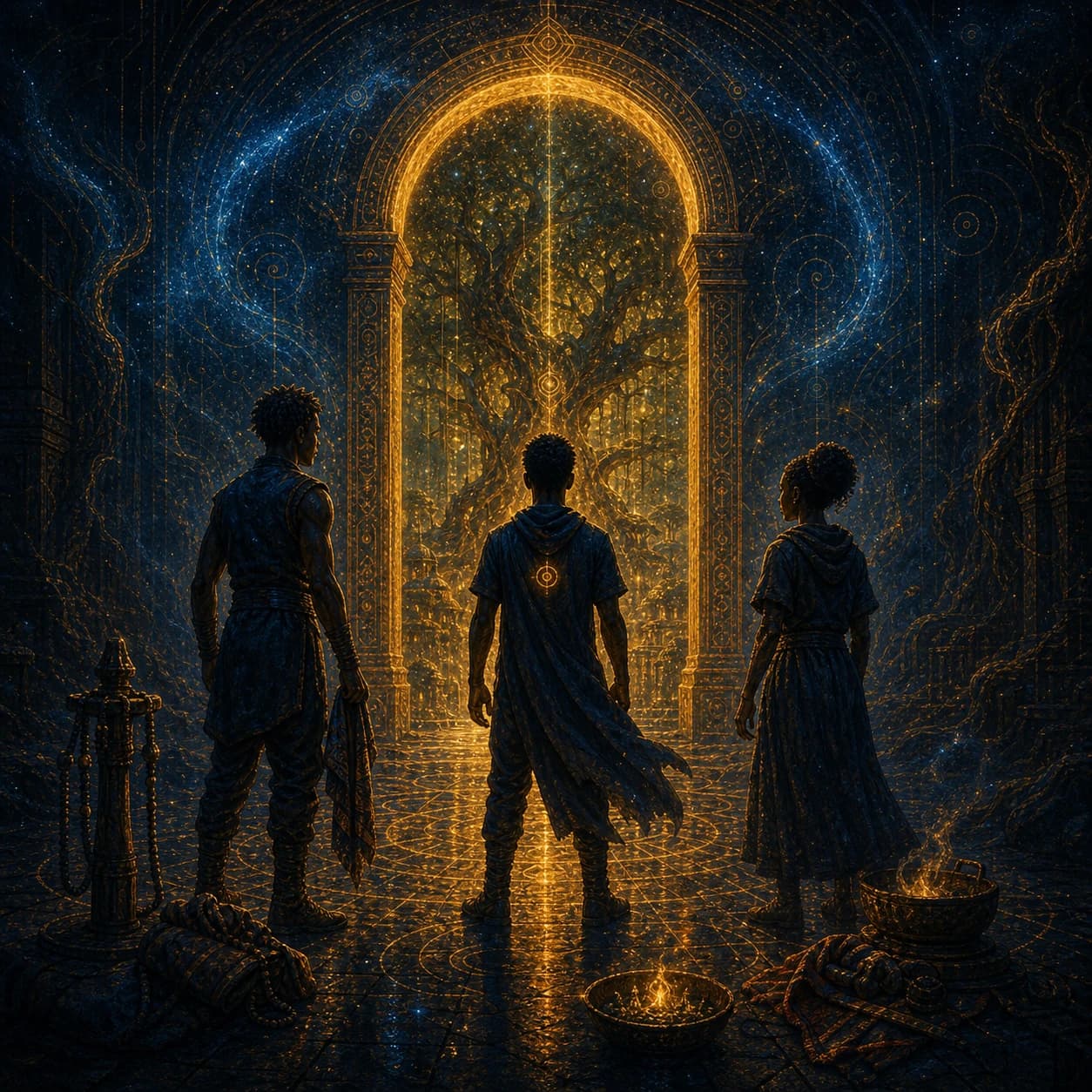 Three figures stand before a tall arched doorway that holds the image of a glowing tree.