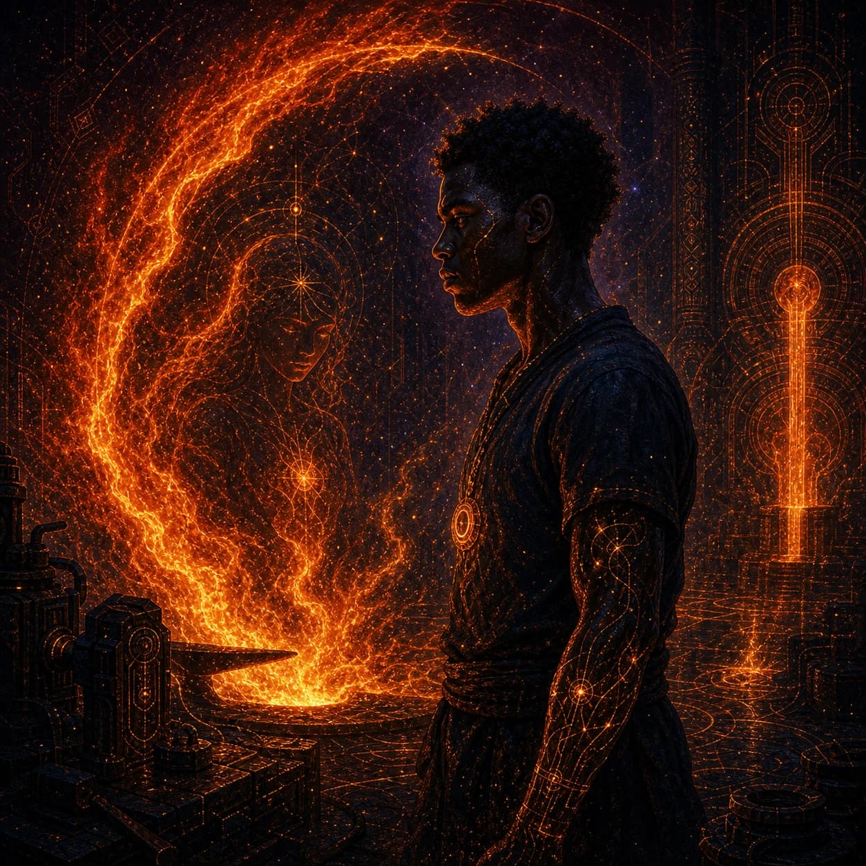 A young man in profile stands beside a forge while a spiral of fire curls through the dark behind him.