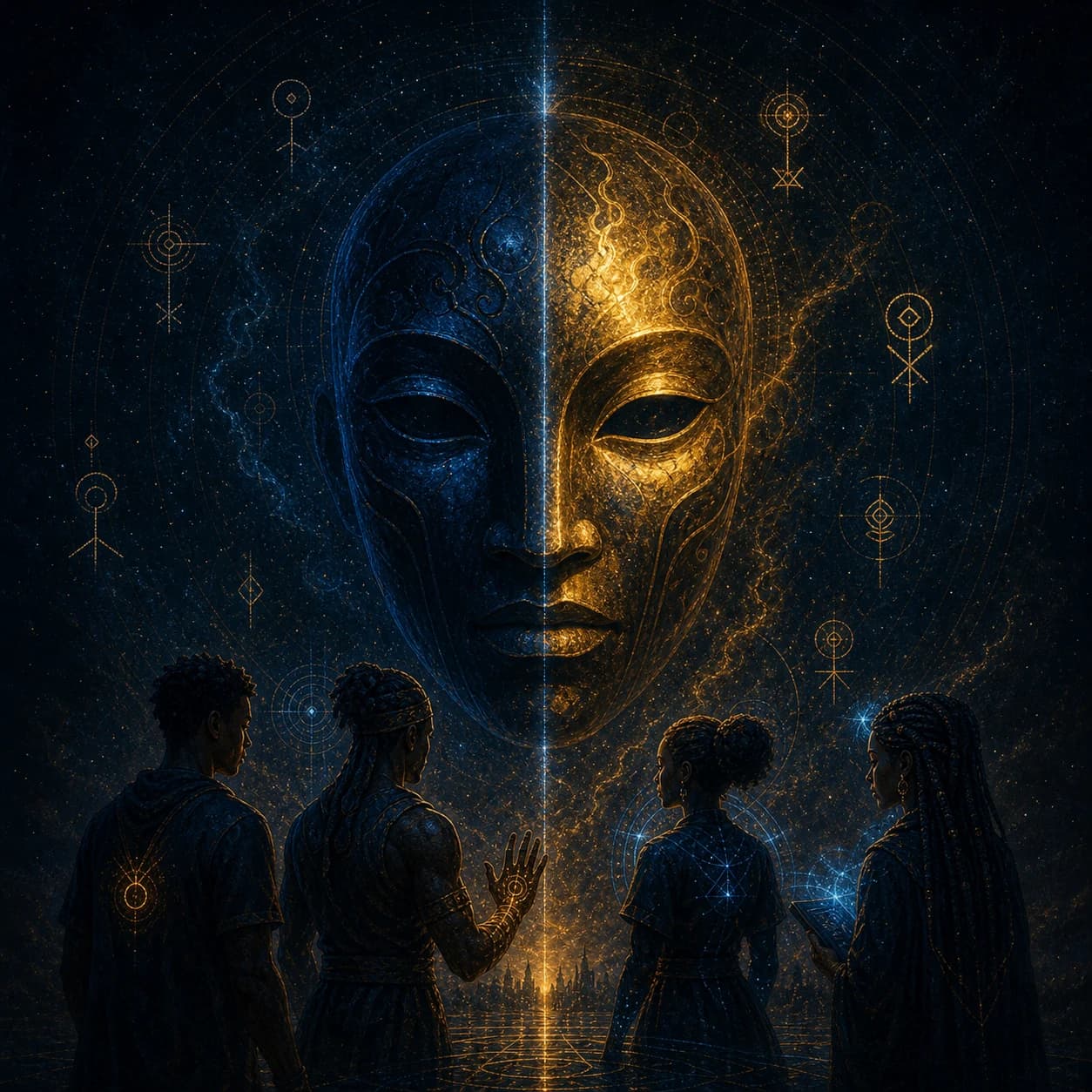 Four young people face a vast mask split down the middle, half dark blue and half gold.