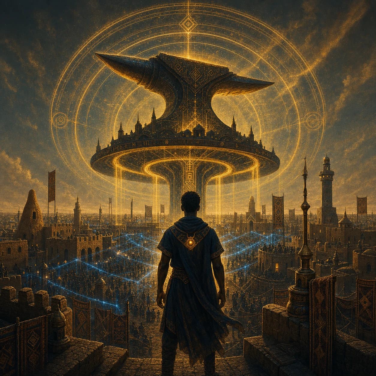 A figure on a rooftop looks out over a walled northern city as a colossal anvil-shaped structure hangs above it in rings of gold.