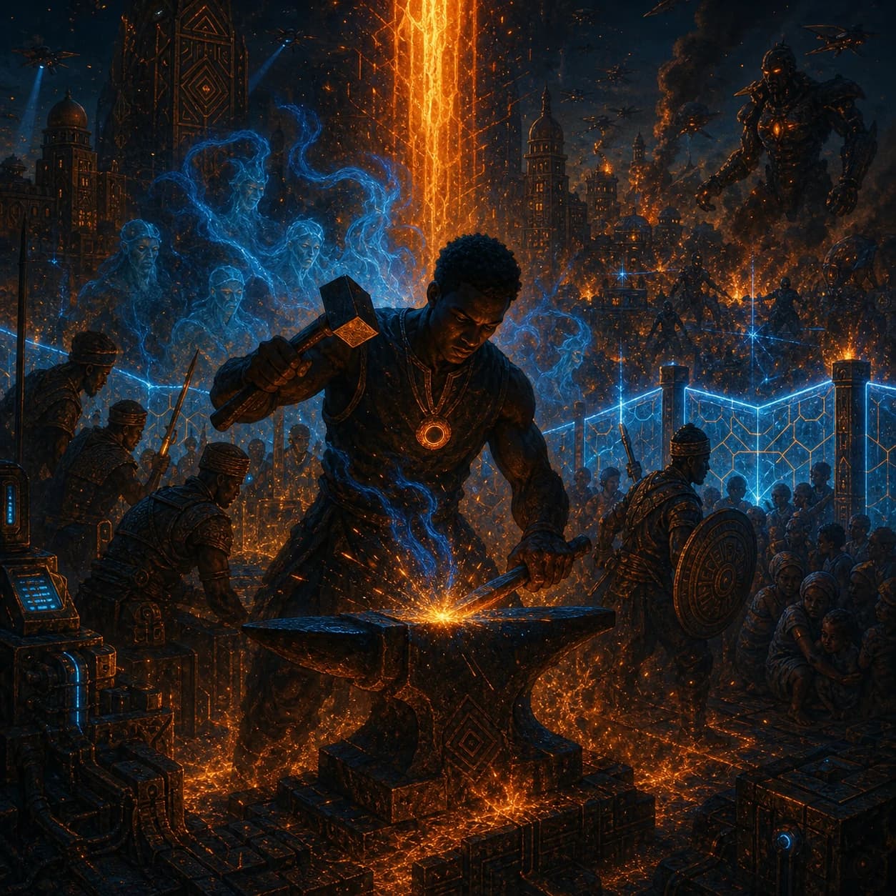 A figure brings a hammer down on an anvil amid fire, blue wards and a crowded battle.