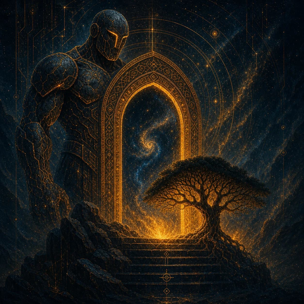 An armoured figure stands beside a glowing arched doorway, with a tree rooted in the rock below.